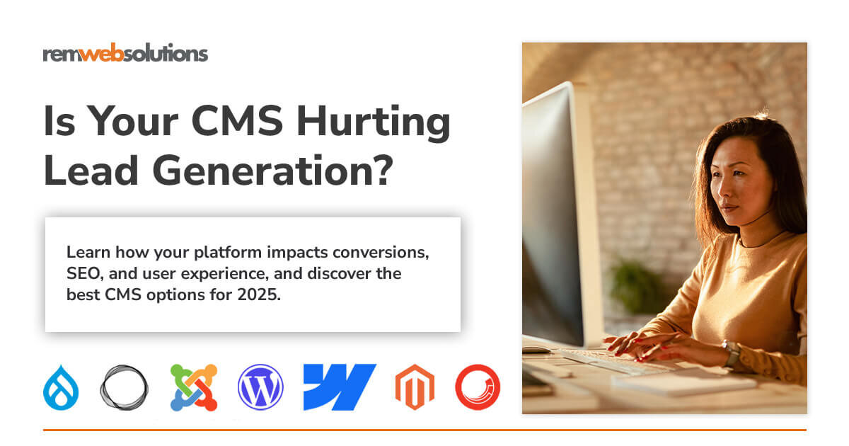 Woman typing on desktop computer. Drupal, Ghost, Joomla, WordPress, Webflow, Magneto, and Sitecore logos.